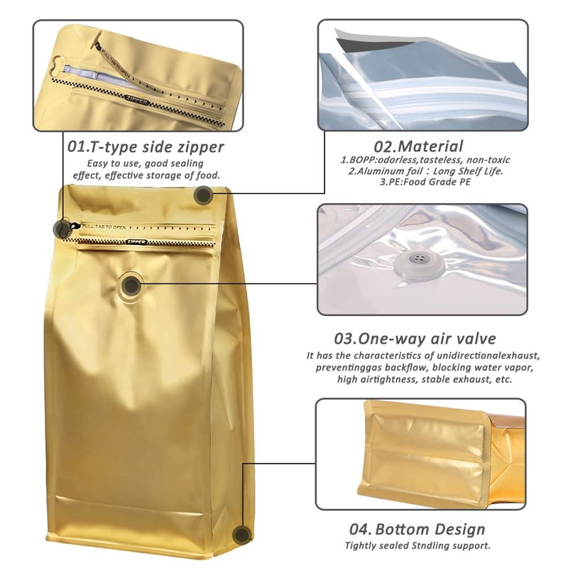 REMTAP Coffee Bags with Valve(50pcs,16 oz,1 lb) Gold High Barrier Aluminum Foil Flat Bottom Standing Coffee Beans Storage Bags,Reusable Heat Sealable Side Zipper Pouches for Home or Store - Image 3